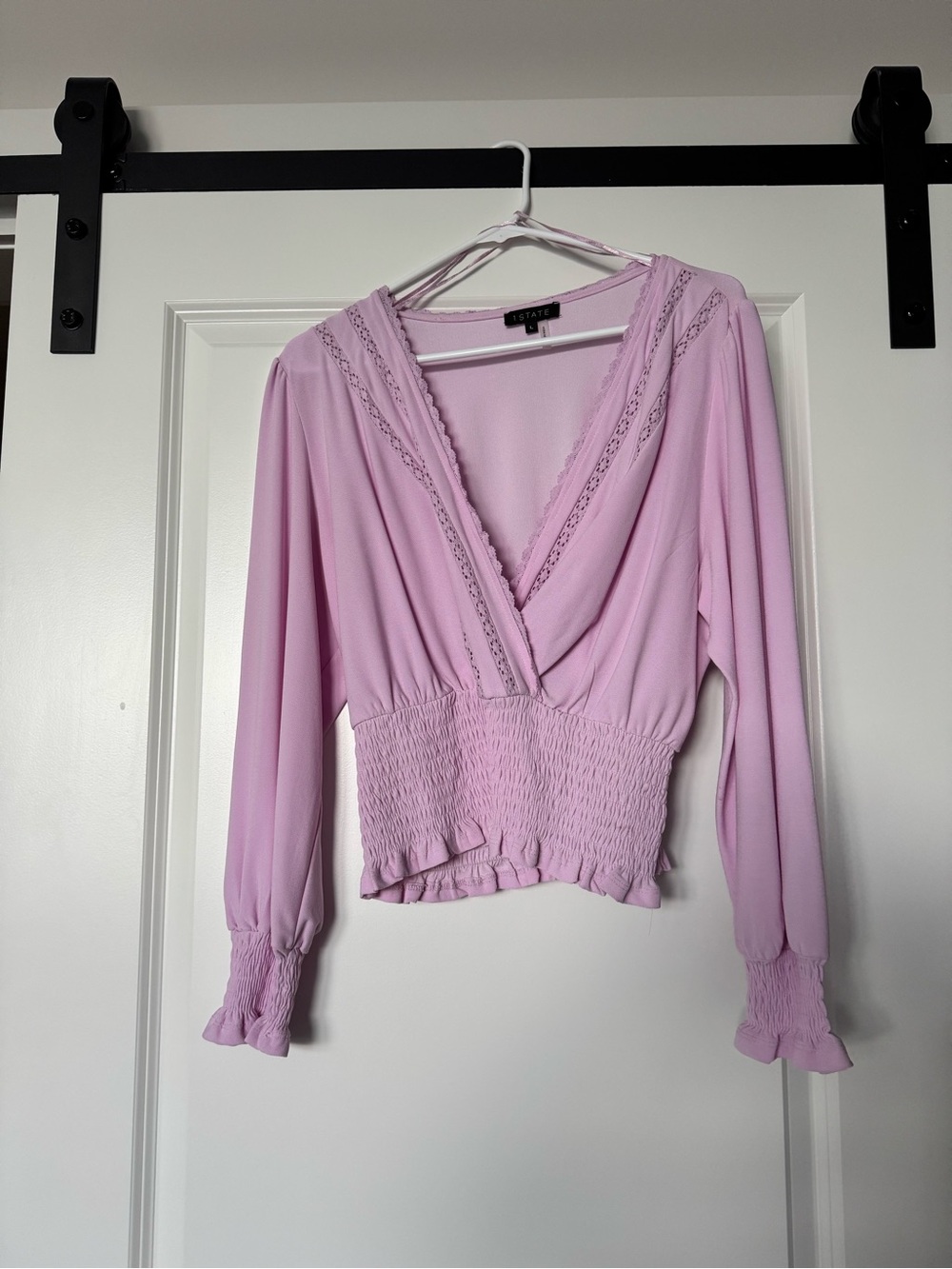 L'AGENCE Lavender Lace-Trim Smocked Waist Blouse